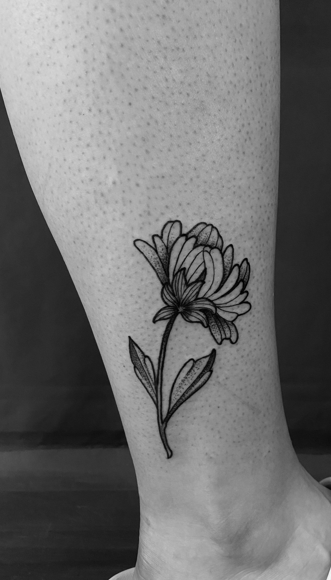 Blume in feiner Linie am Unterschenkel, Blumen Tattoo von Andre bei Eine Liebe Tätowiergeschäft in Bochum