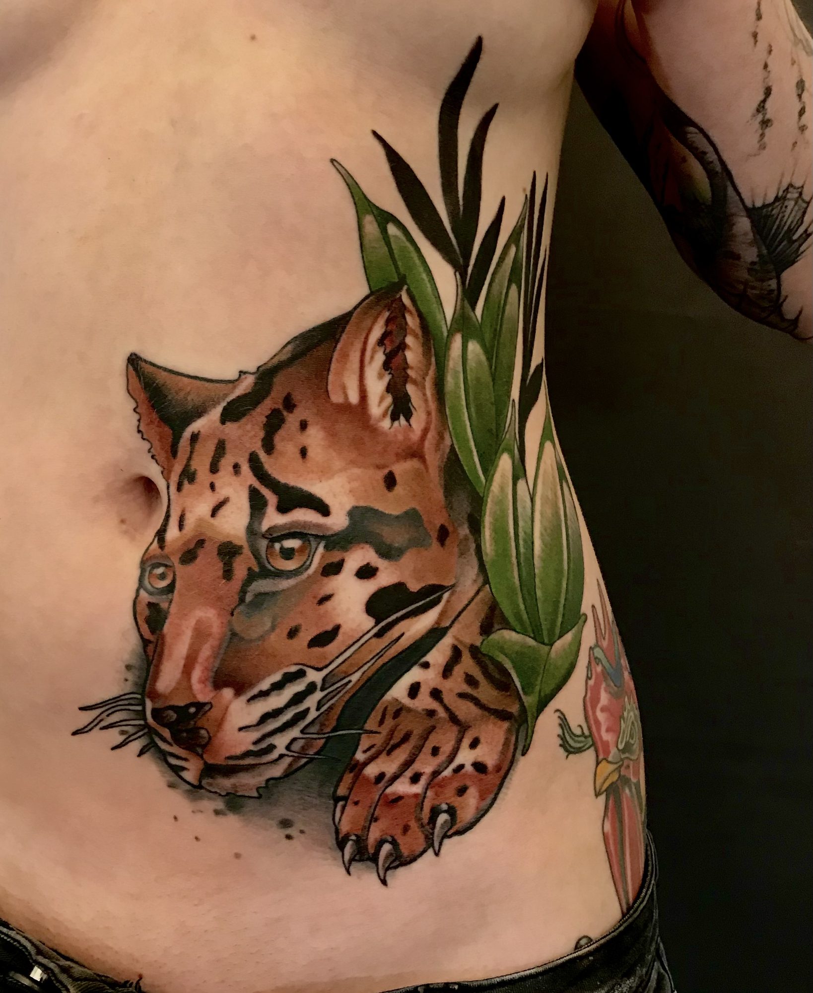 Leopard mit Blättern an den Rippen, Tier Tattoo von Andre bei Eine Liebe Tätowiergeschäft in Bochum