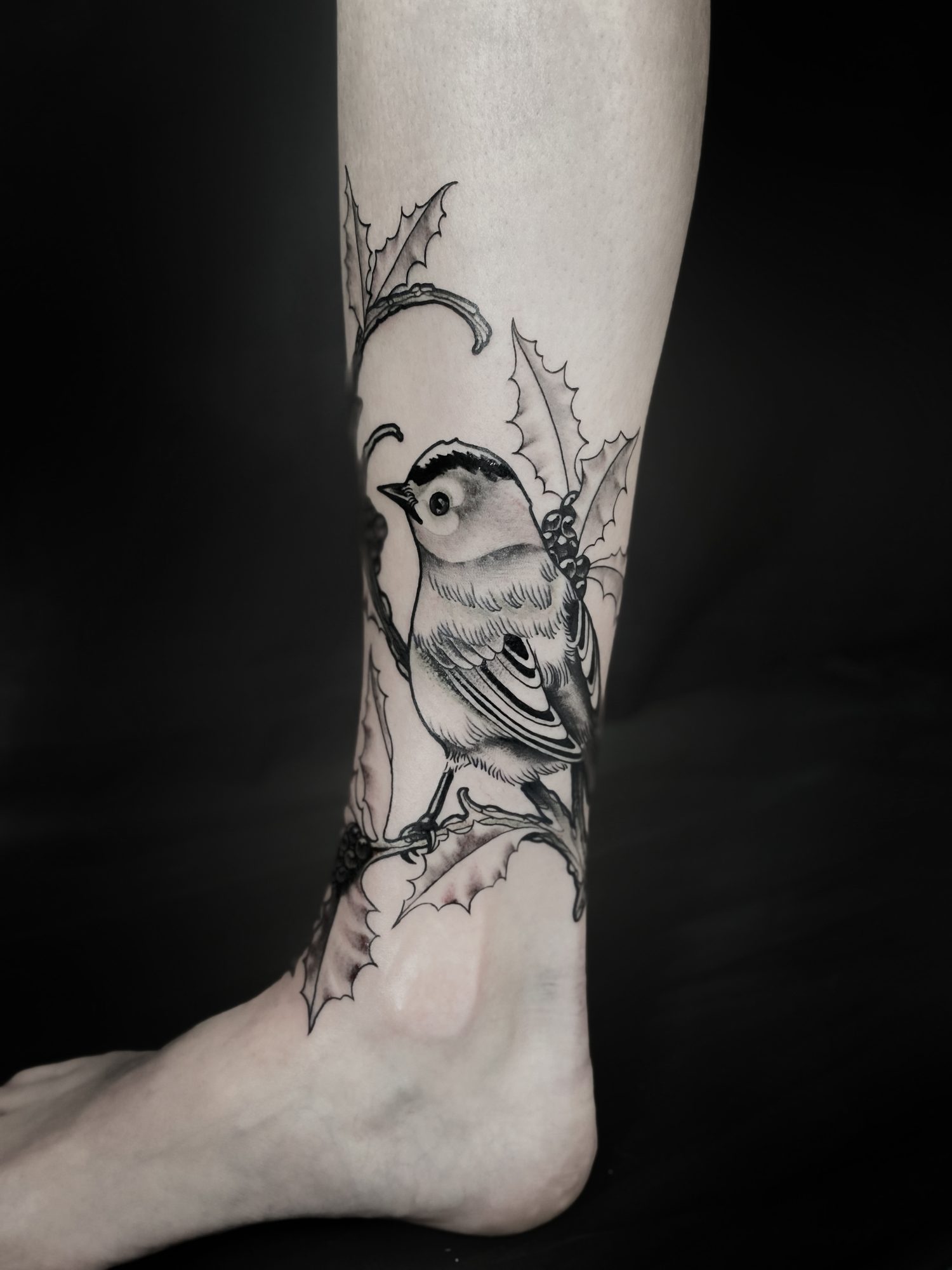 Meise auf Stechpalmenzweig am Knöchel, Tier Tattoo von Andre bei Eine Liebe Tätowiergeschäft in Bochum